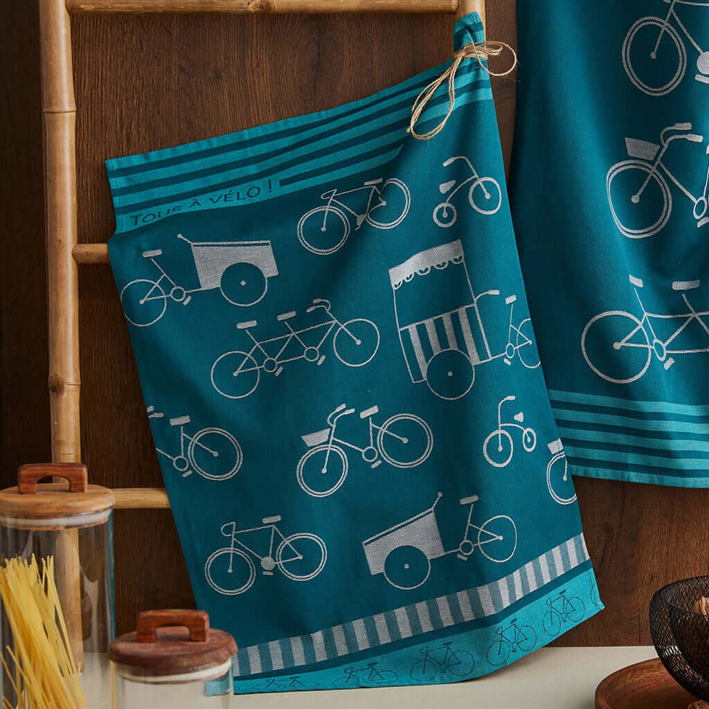 All on Bikes (Tous a Velo) French Jacquard Cotton Dish Towel by Coucke