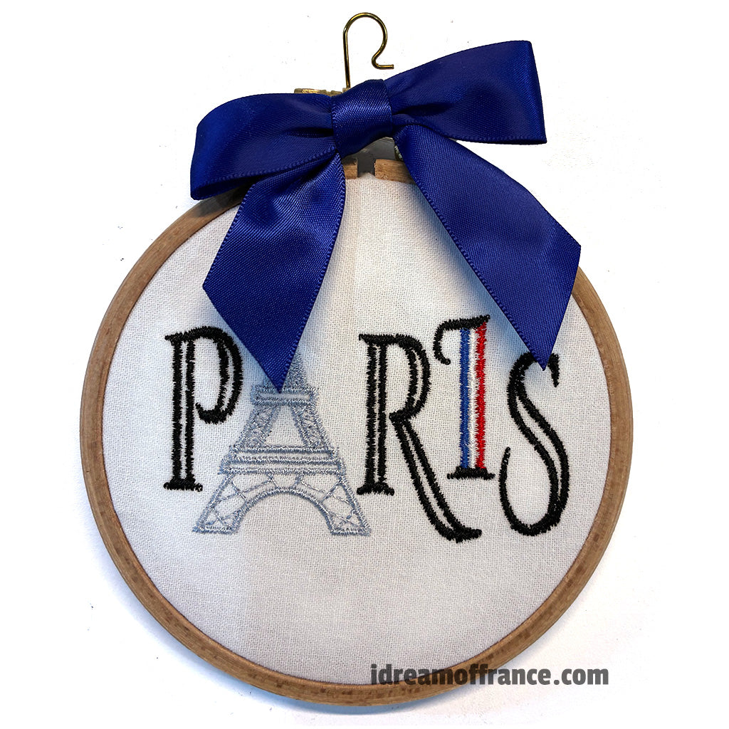 Paris Eiffel Tower Embroidered in Wood Frame Ornament by Vibrantly Blue