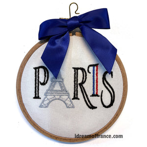 Paris Eiffel Tower Embroidered in Wood Frame Ornament by Vibrantly Blue