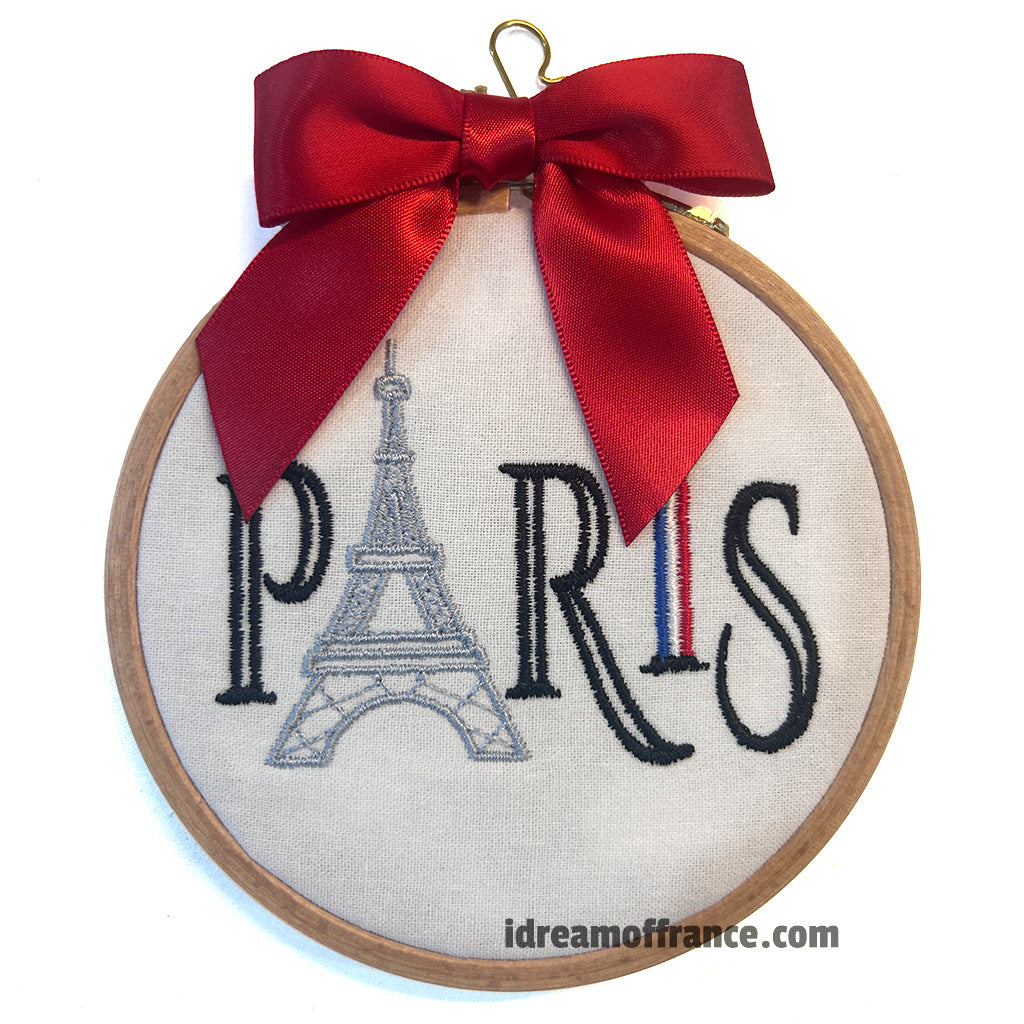 Paris Eiffel Tower Embroidered in Wood Frame Ornament by Vibrantly Blue