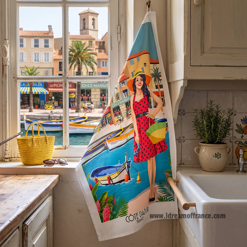 French Riviera Pin-Up Cotton Kitchen Towel by L'Ensoleillade