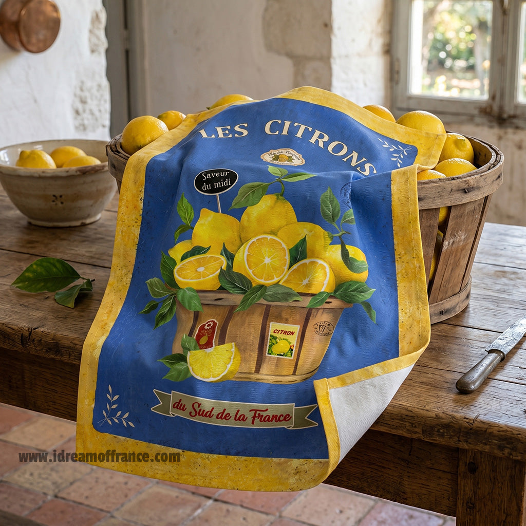 The Lemons (Les Citrons) Blue French Cotton Kitchen Towel by L'Ensoleillade