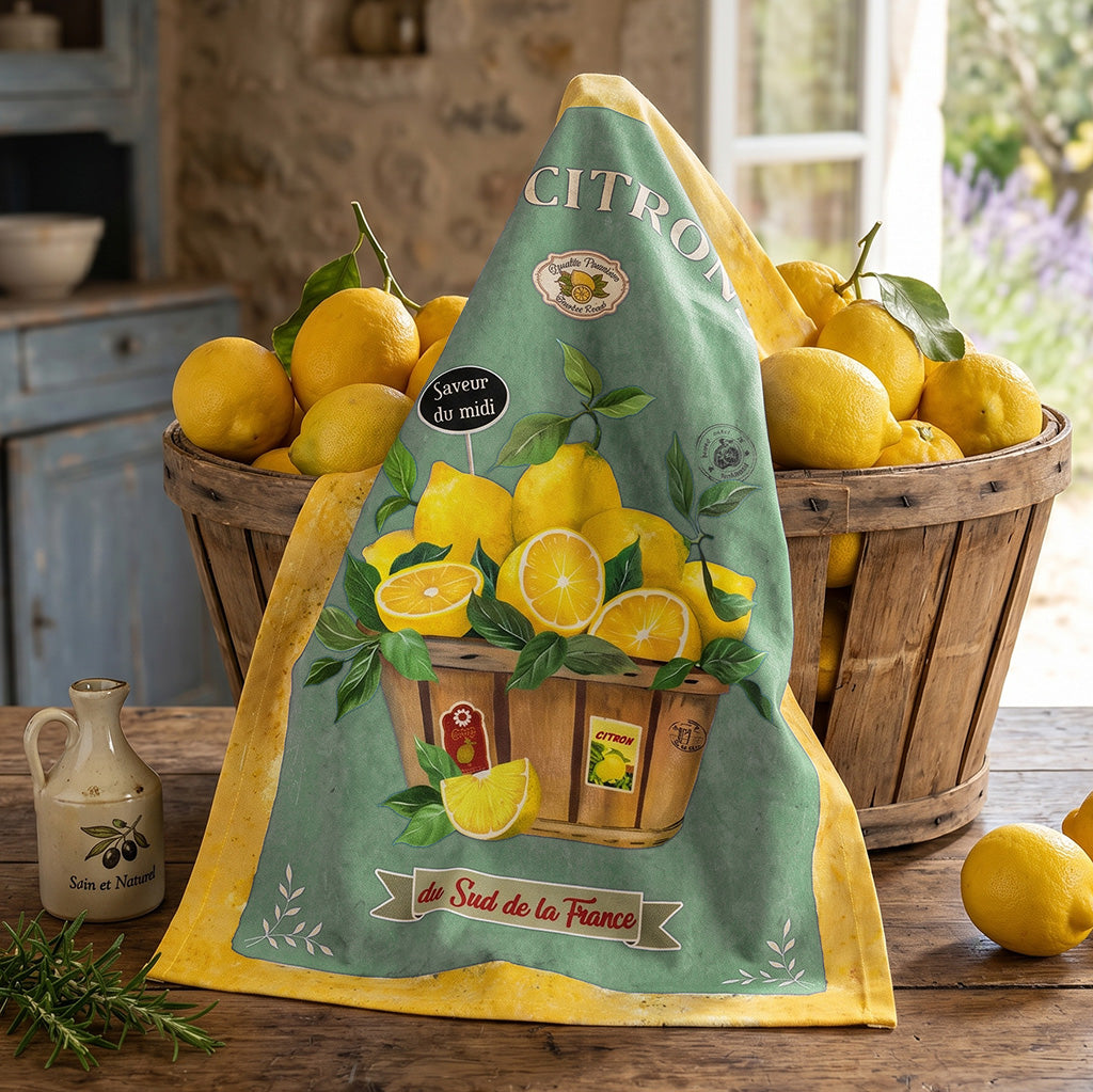 The Lemons (Les Citrons) Green French Cotton Kitchen Towel by L'Ensoleillade