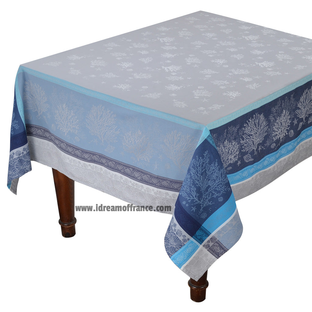 French Jacquard tablecloth - Cotton - Stain resistant - Square - Oceane blue | Tissus Toselli