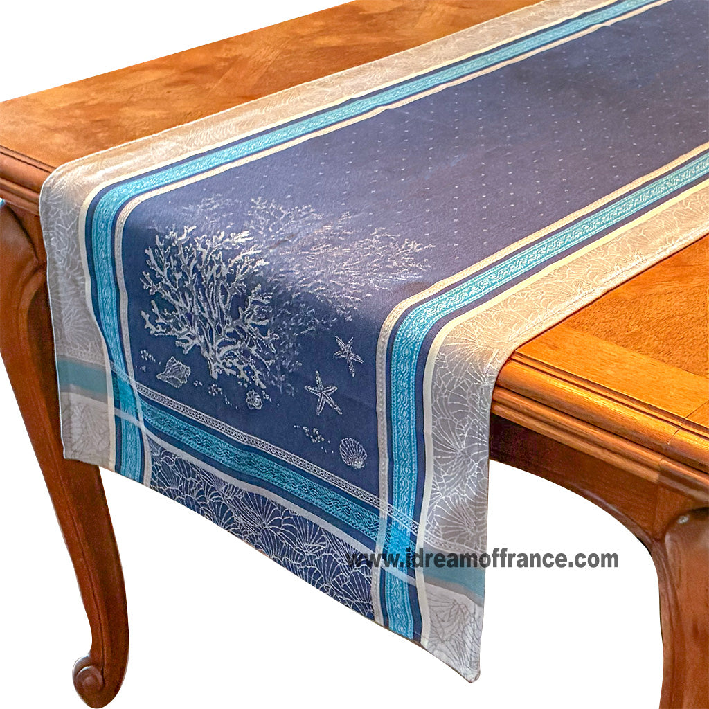 French jacquard table runner - Cotton - Rectangular - Oceane blue | Tissus Toselli