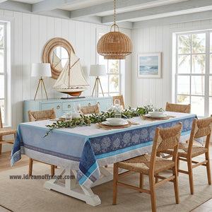 French Jacquard tablecloth - Cotton - Stain resistant - Rectangular - Oceane blue | Tissus Toselli