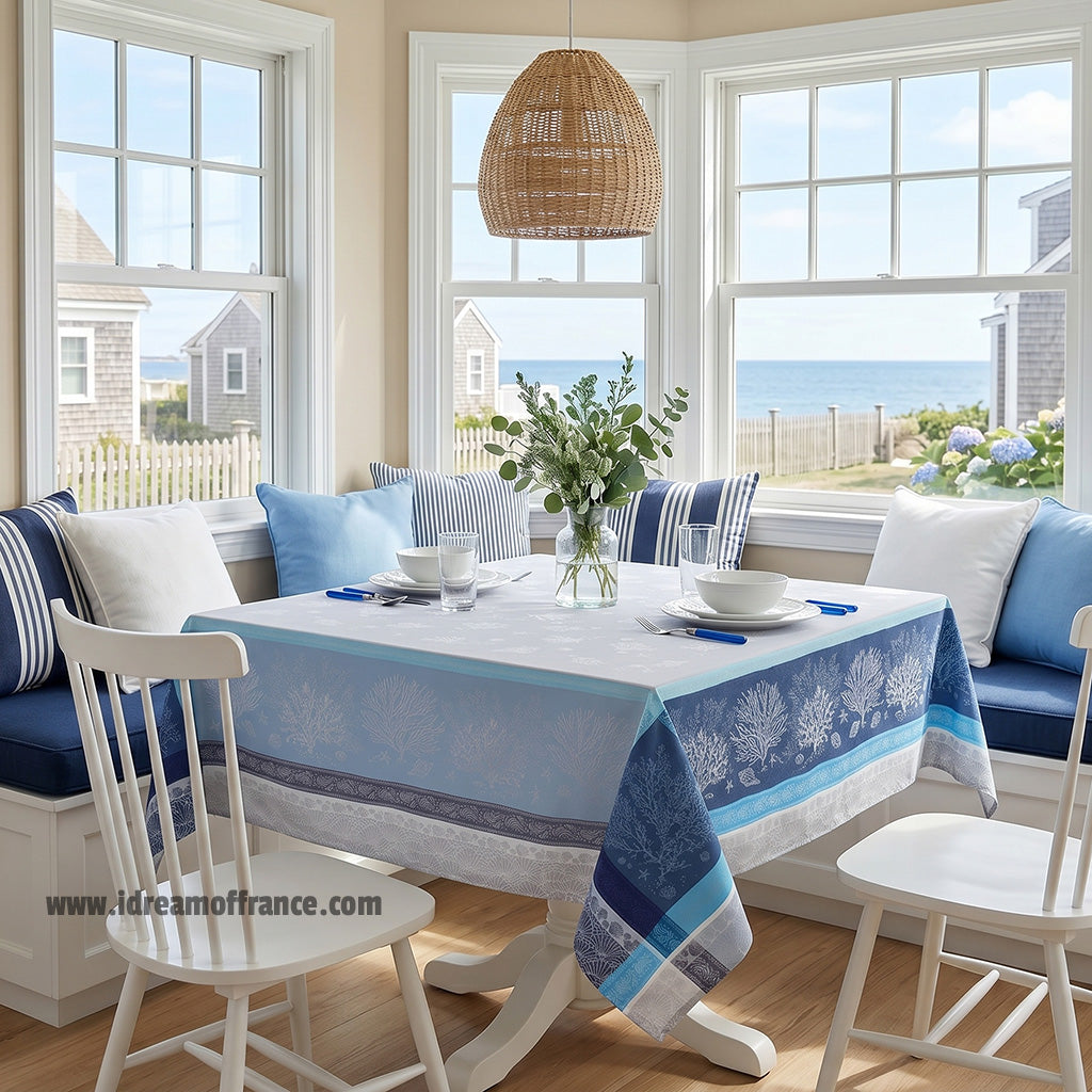 French Jacquard tablecloth - Cotton - Stain resistant - Square - Oceane blue | Tissus Toselli