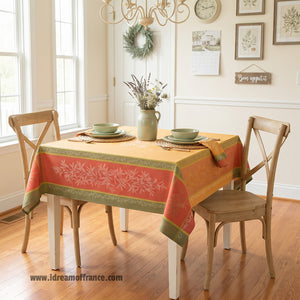 French Jacquard tablecloth - Cotton - Stain resistant - 62" square - Olive butterscotch | L'Ensoleillade