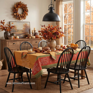 French Jacquard tablecloth - Cotton - Stain resistant - Rectangular - Olive butterscotch | L'Ensoleillade - Lifestyle