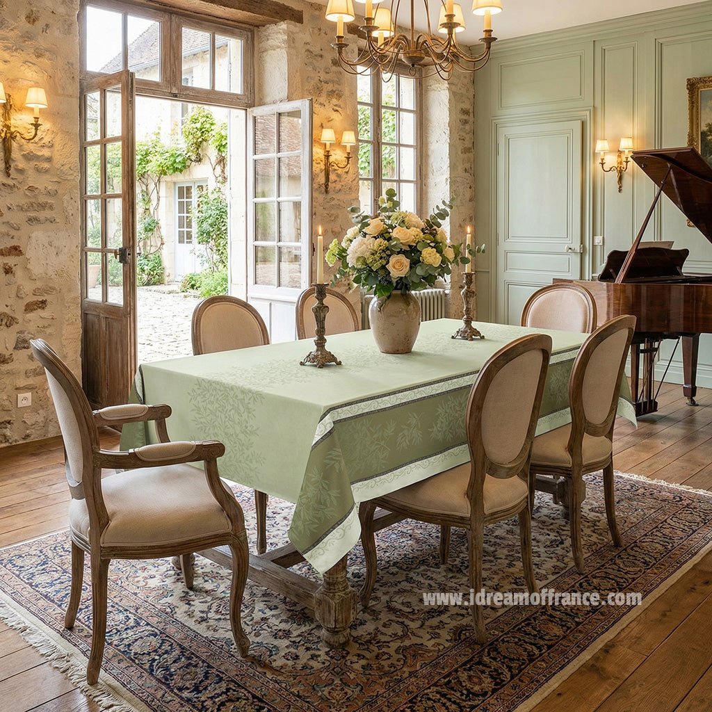 Olive green French jacquard tablecloth 