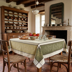 French Jacquard tablecloth - Cotton - Stain resistant - 62" square - Olive green | L'Ensoleillade - Lifestyle