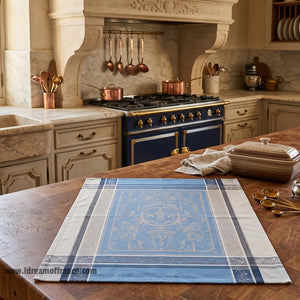French kitchen towel - Jacquard cotton - Reversible -  Versailles gray & blue | Tissus Toselli