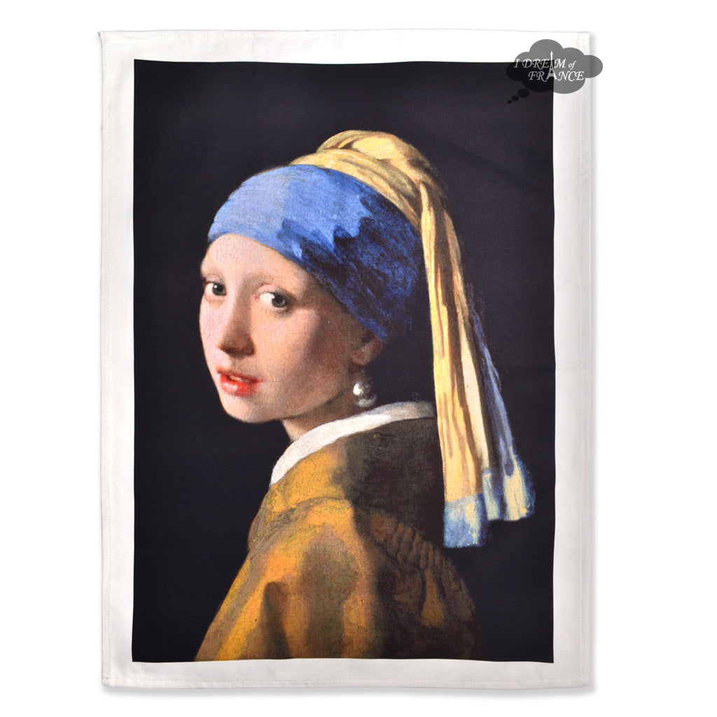 Girl with a Pearl Earring by Vermeer French Cotton Kitchen Towel by L.R. Creations