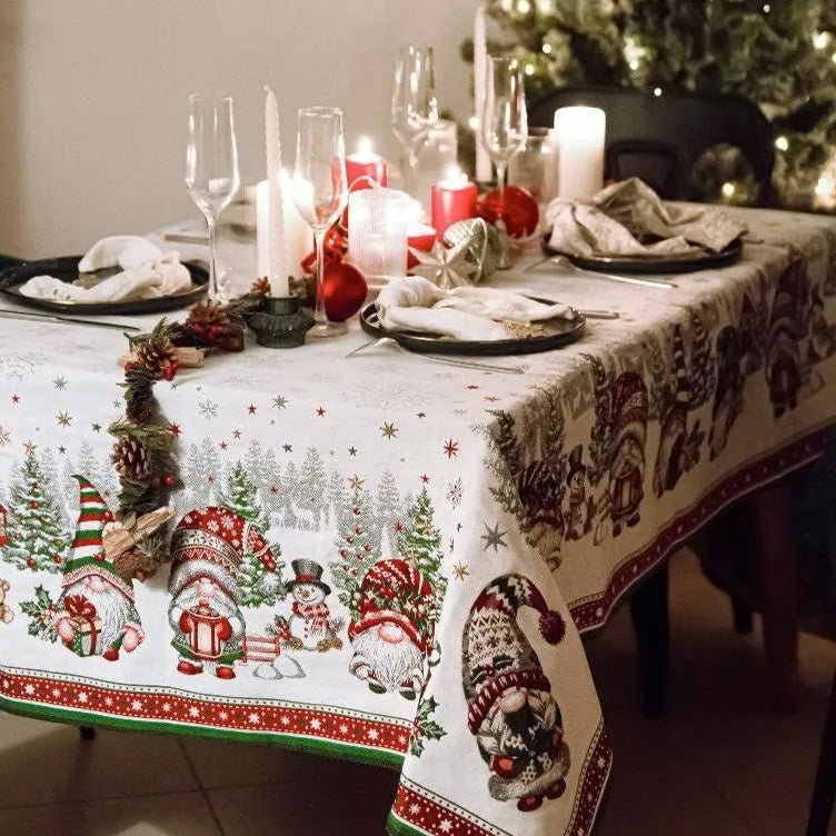 56" Square Christmas Gnomes French Tapestry Tablecloth by Tissus Toselli
