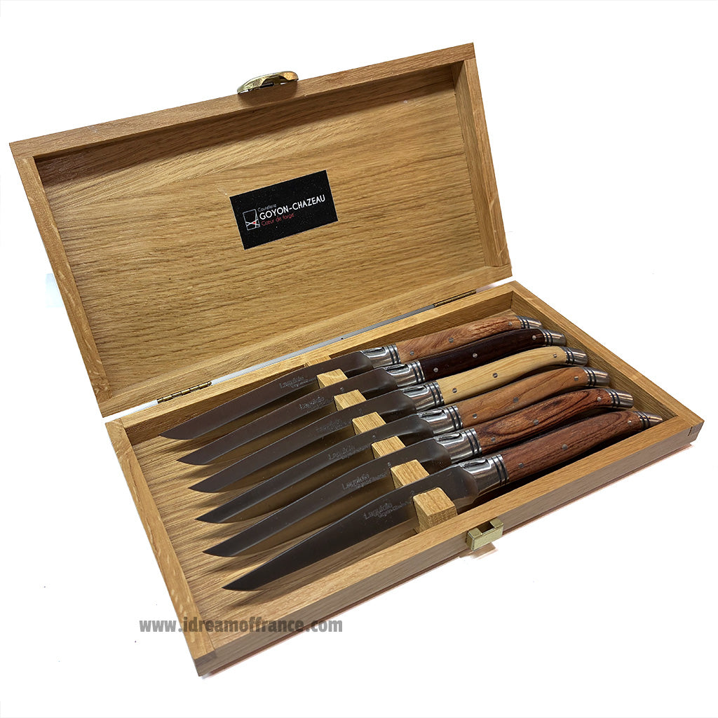 Laguiole Goyon-Chazeau Set of 6 Handcrafted Table Knives - Assorted Wood Handles