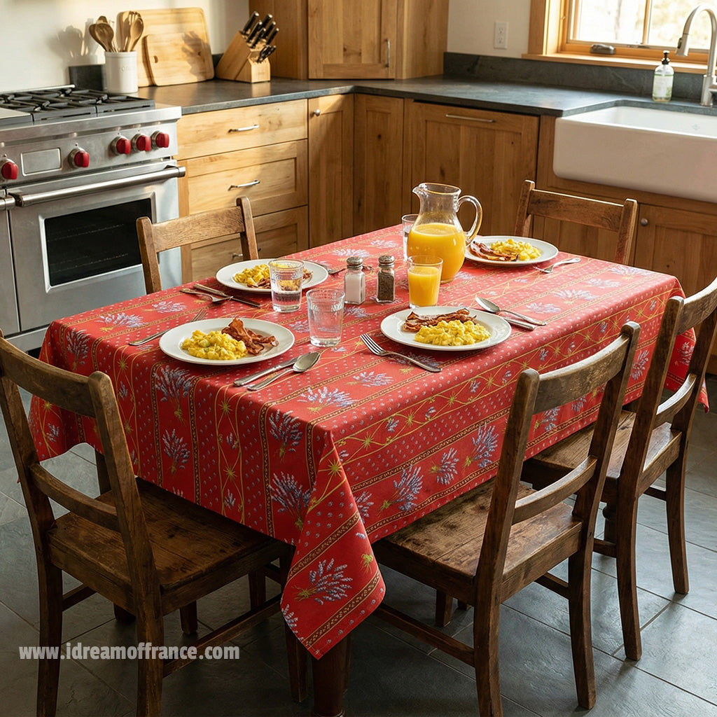 60x96" Rectangular Lavender Red Acrylic-Coated Cotton Provence Tablecloth by Le Cluny
