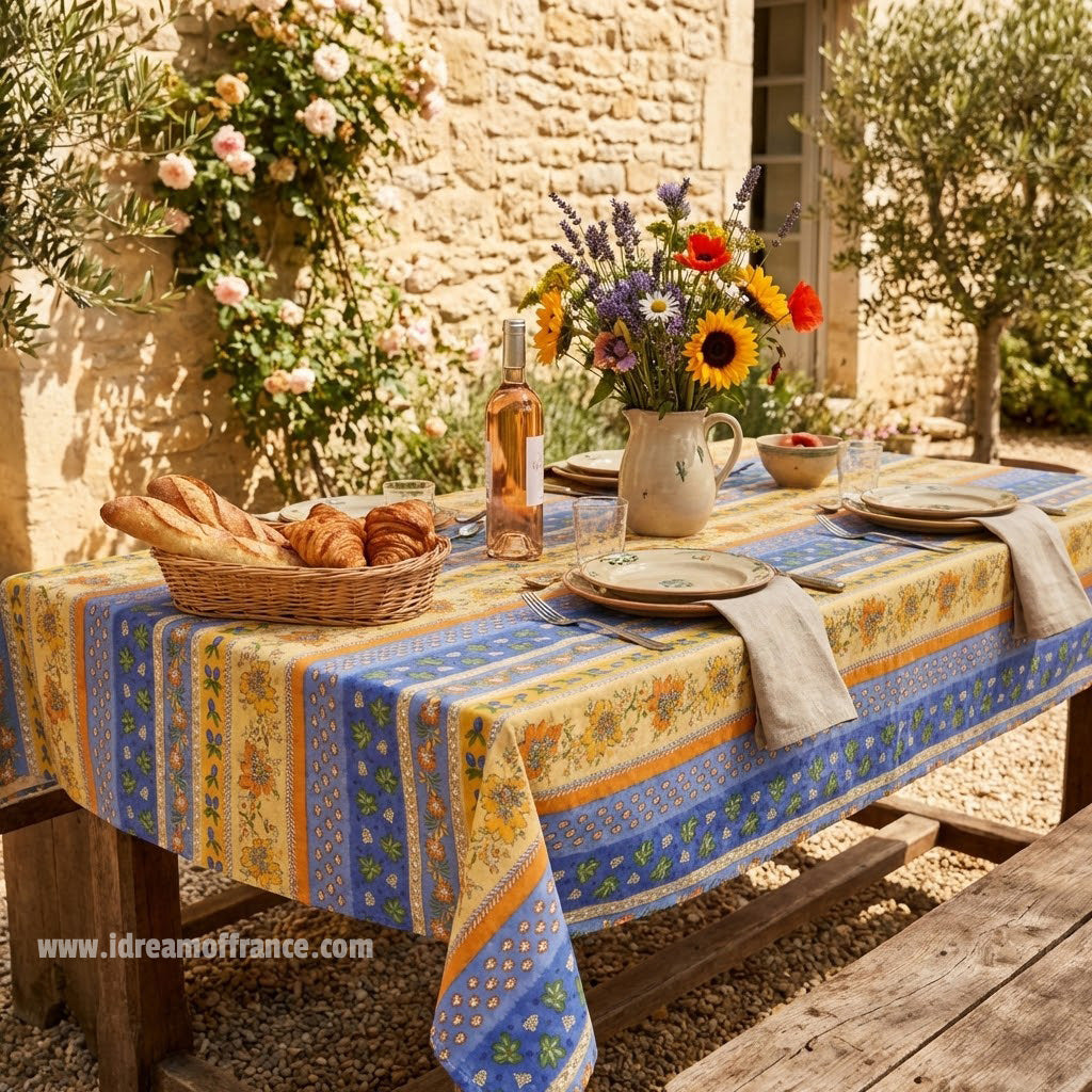 60x132" Rectangular Monaco Blue Cotton Coated Provence Tablecloth by Le Cluny