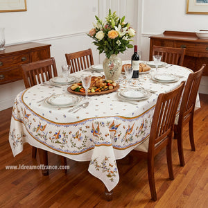 60x 96" Rectangular Moustiers Blue & Cream Acrylic-Coated Cotton Tablecloth by Tissus Toselli