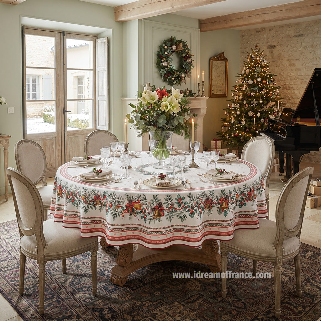Round Joyeux Noel Coated Cotton Tablecloth by Tissus Toselli