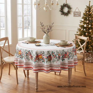 French Provencal tablecloth - Acrylic coated cotton, Spill-proof - 70" round - Joyeux Noel | Tissus Toselli - Lifestyle