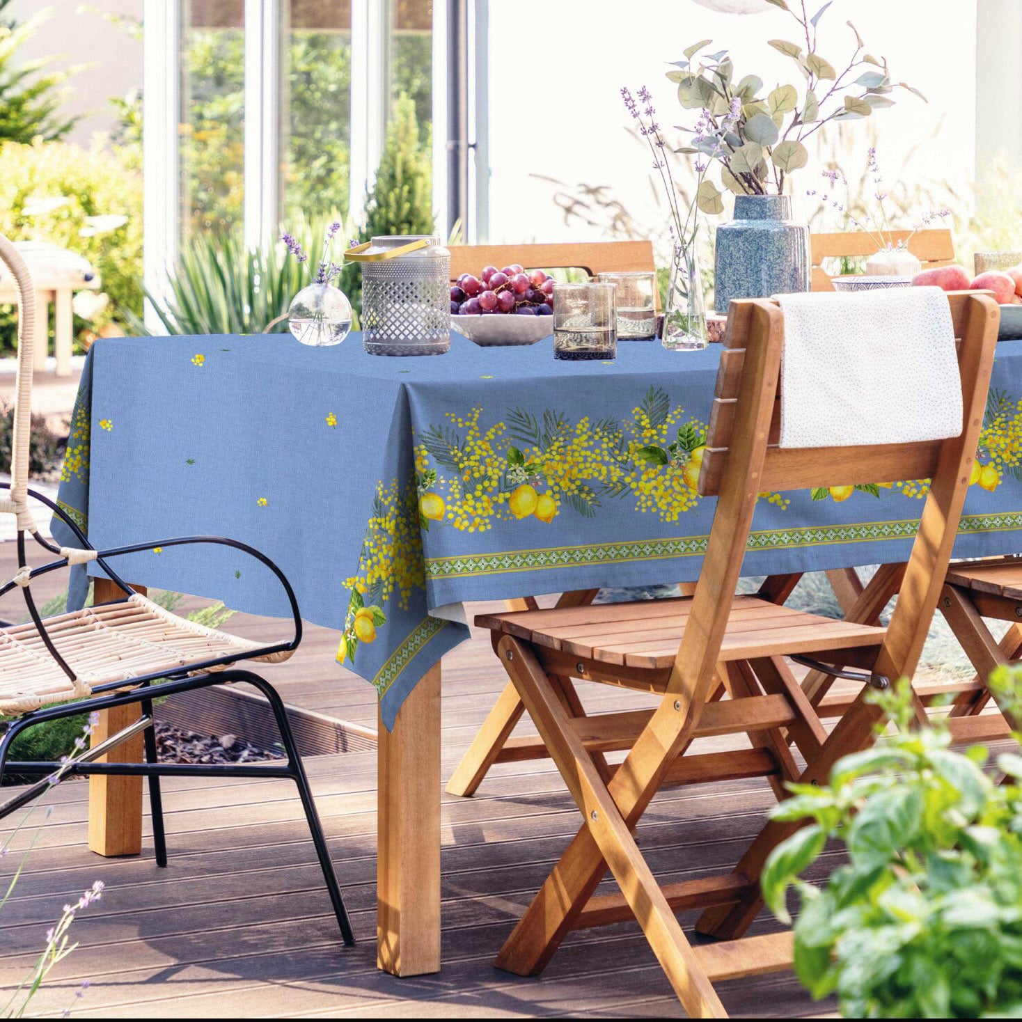 60x78" Rectangular Lemon & Mimosa Blue Double Border Acrylic-Coated Cotton Tablecloth by Label France