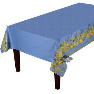 60x78" Rectangular Lemon & Mimosa Blue Double Border Acrylic-Coated Cotton Tablecloth by Label France