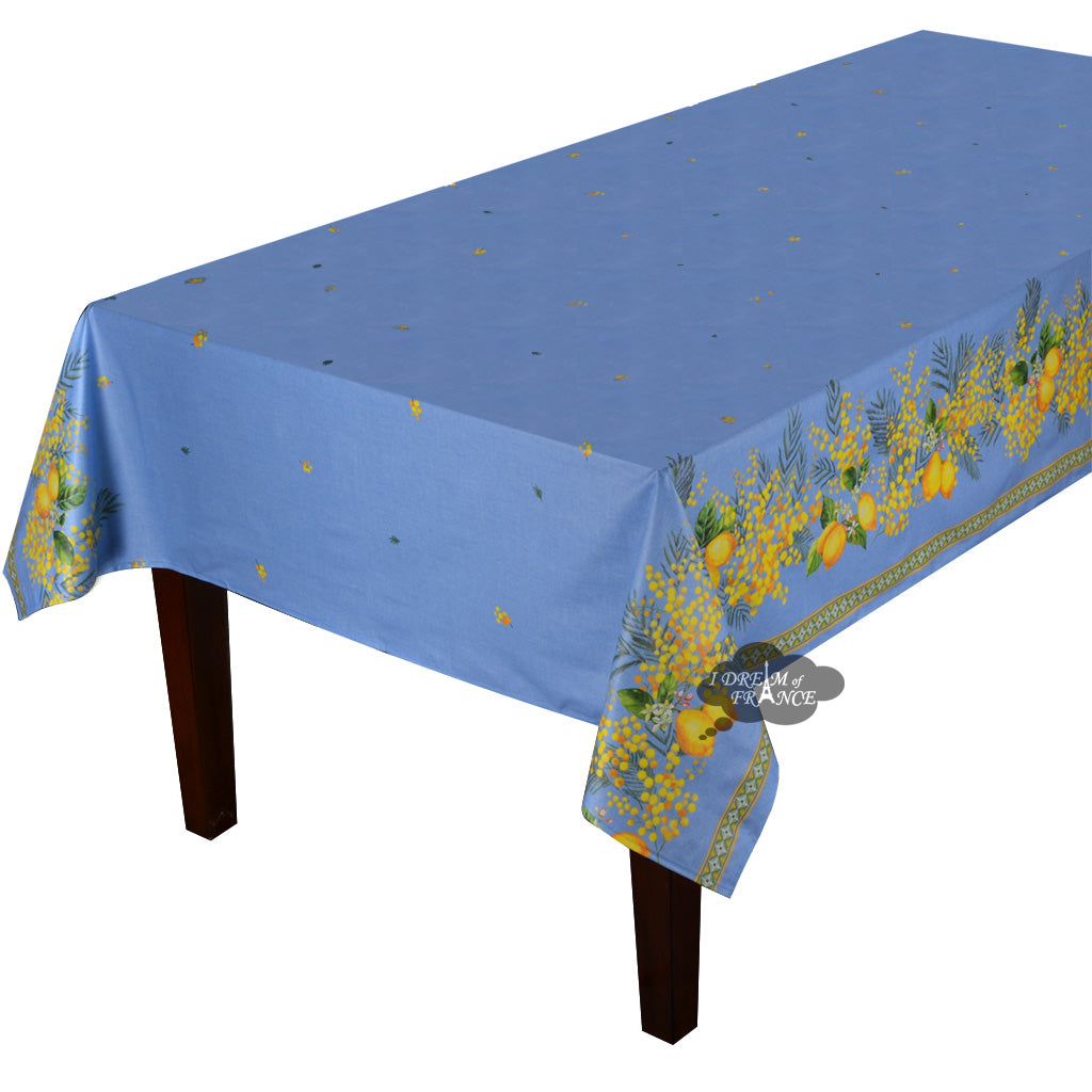 60x120" Rectangular Lemon & Mimosa Blue Acrylic-Coated Double Border Cotton Tablecloth by Label France