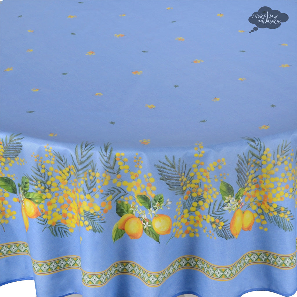 70" Round Lemon & Mimosa Blue Acrylic-Coated Cotton Tablecloth by L'Ensoleillade