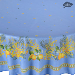 70" Round Lemon & Mimosa Blue Acrylic-Coated Cotton Tablecloth by L'Ensoleillade