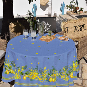 70" Round Lemon & Mimosa Blue Acrylic-Coated Cotton Tablecloth by L'Ensoleillade