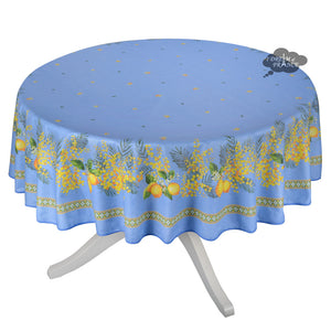 70" Round Lemon & Mimosa Blue Acrylic-Coated Cotton Tablecloth by L'Ensoleillade