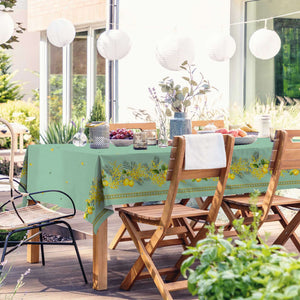 58" Square Lemon & Mimosa Green Coated Cotton Tablecloth by l'Ensoleillade