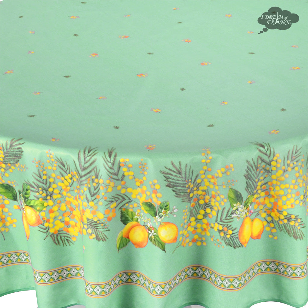 70" Round Lemon & Mimosa Green Acrylic-Coated Cotton Tablecloth by L'Ensoleillade