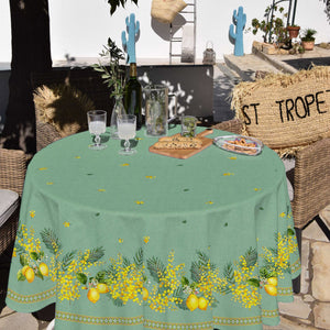 70" Round Lemon & Mimosa Green Acrylic-Coated Cotton Tablecloth by L'Ensoleillade