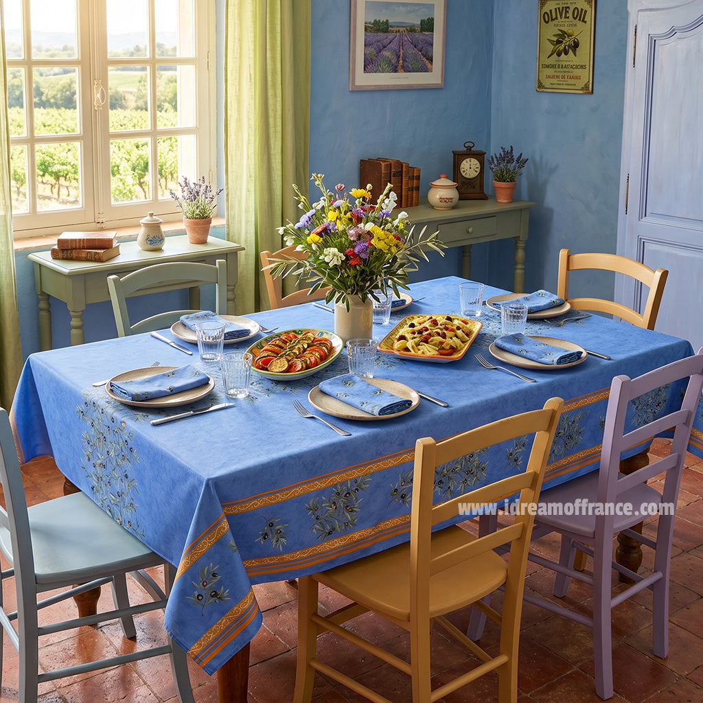 Acrylic coated tablecloth French Clos des Oliviers Blue