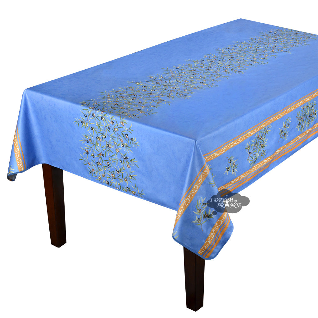 60x96" Rectangular Clos des Oliviers Blue Double Border Acylic-Coated Cotton Tablecloth by Label France