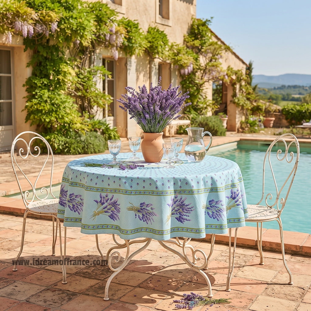 French Provencal tablecloth - Acrylic coated cotton, Spill-proof - 70" Round - Lavender blue | Le Cluny - Lifestyle