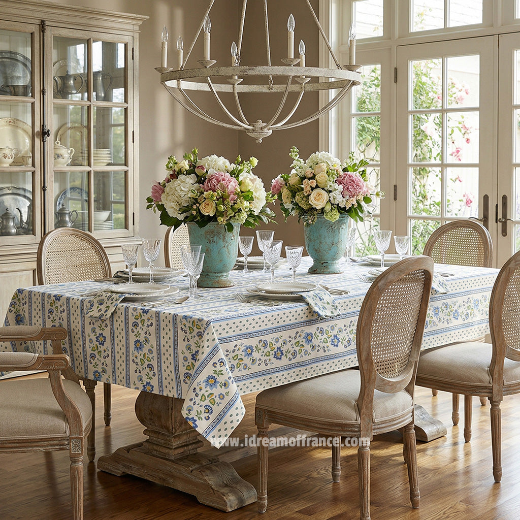 60x96" Rectangular Fayence Blue & Cream Acrylic-Coated Cotton French Tablecloth by Le Cluny