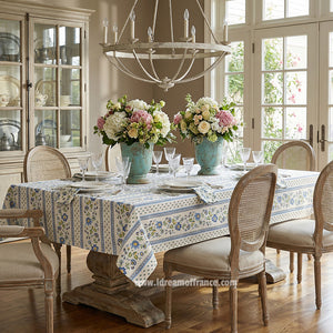 Fayence Blue & Cream Rectangular Acrylic-Coated Cotton French Tablecloth by Le Cluny