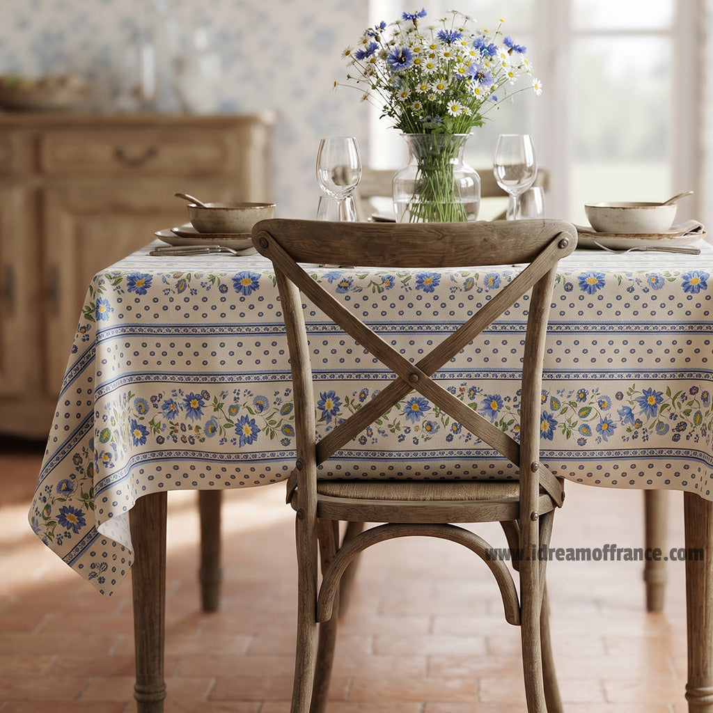 58" Square Fayence Blue & Cream Acrylic-Coated Cotton French Tablecloth by Le Cluny