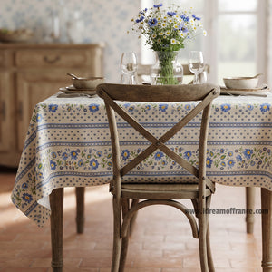 French Provencal tablecloth - Acrylic coated cotton, Spill-proof - 58" square - Fayence blue & cream | Le Cluny Lifestyle