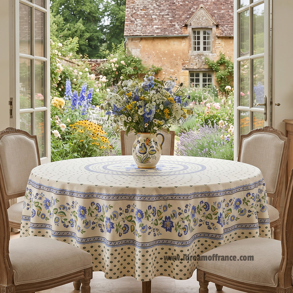 70" Round Fayence Blue & Cream Cotton Acrylic Coated French Tablecloth by Le Cluny