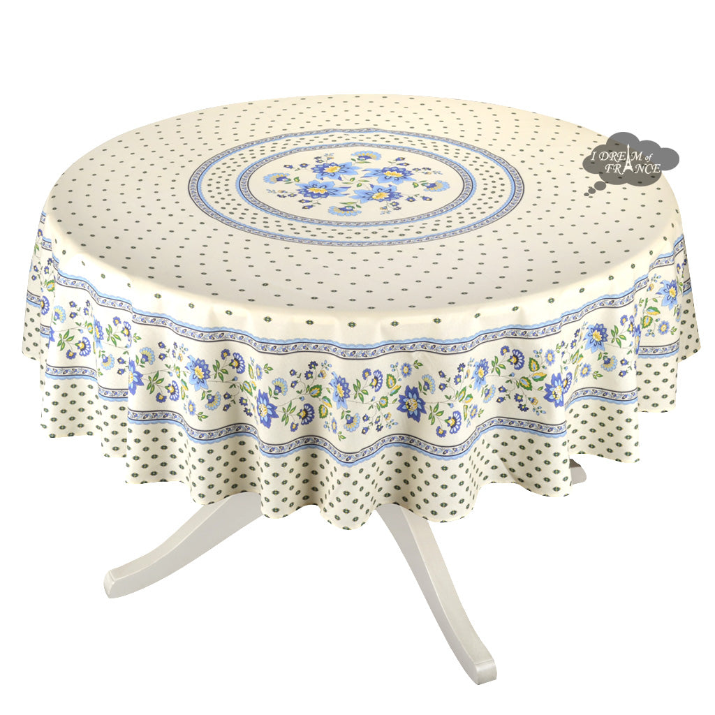 70" Round Fayence Blue & Cream Cotton Acrylic Coated French Tablecloth by Le Cluny