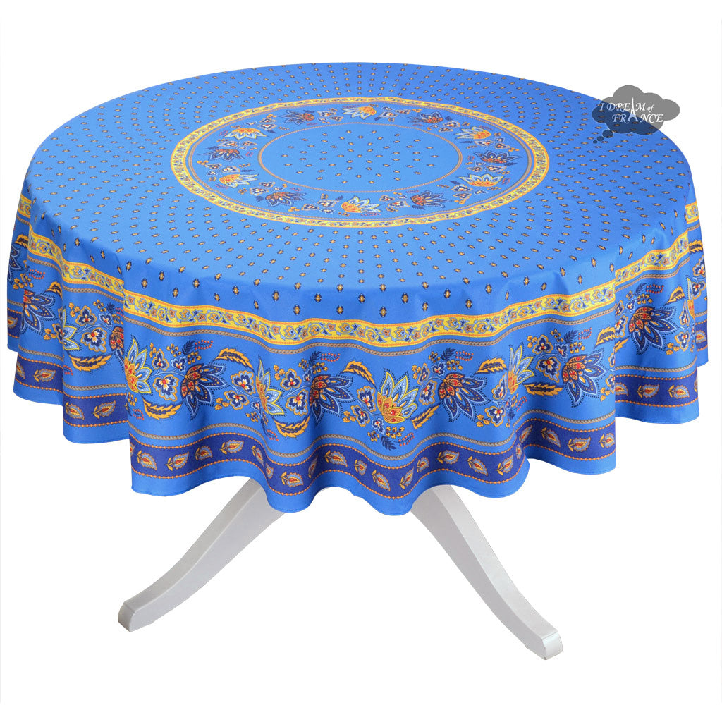 French Provencal tablecloth - Acrylic coated cotton, Spill-proof - 70" Round - Lisa blue | Le Cluny