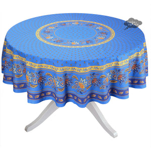 French Provencal tablecloth - Acrylic coated cotton, Spill-proof - 70" Round - Lisa blue | Le Cluny