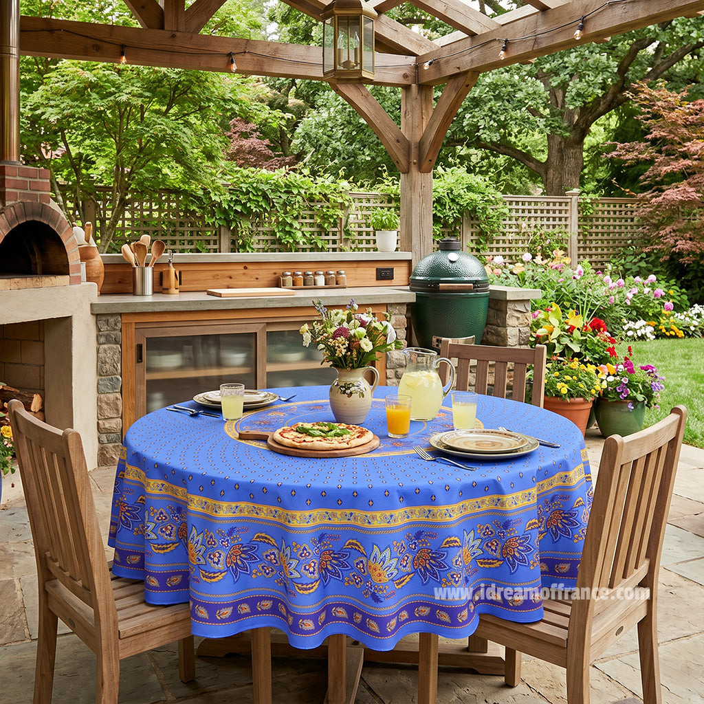 French Provencal tablecloth - Acrylic coated cotton, Spill-proof - 70" Round - Lisa blue | Le Cluny