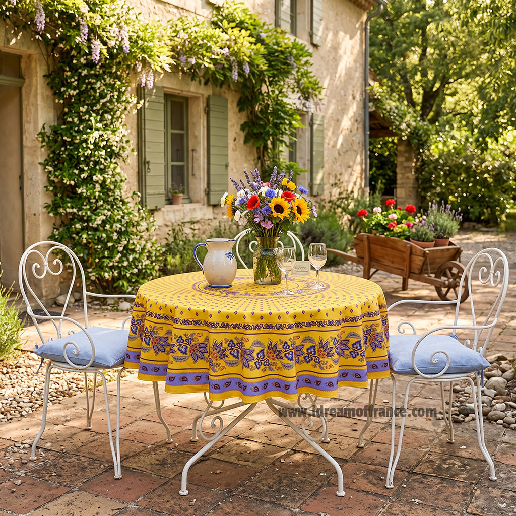 70" Round Lisa Yellow Cotton Coated French Country Tablecloth by Le Cluny
