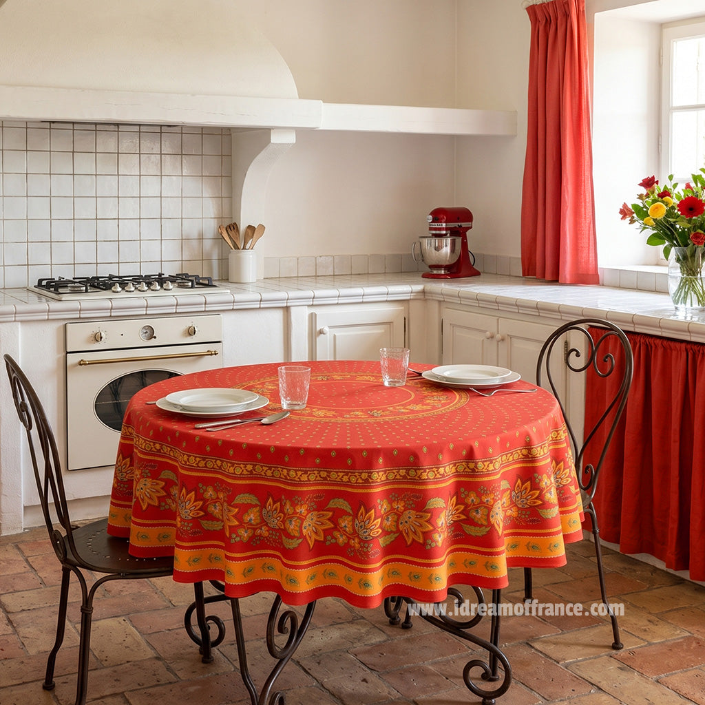 70" Round Lisa Red Cotton Coated French Tablecloth by Le Cluny