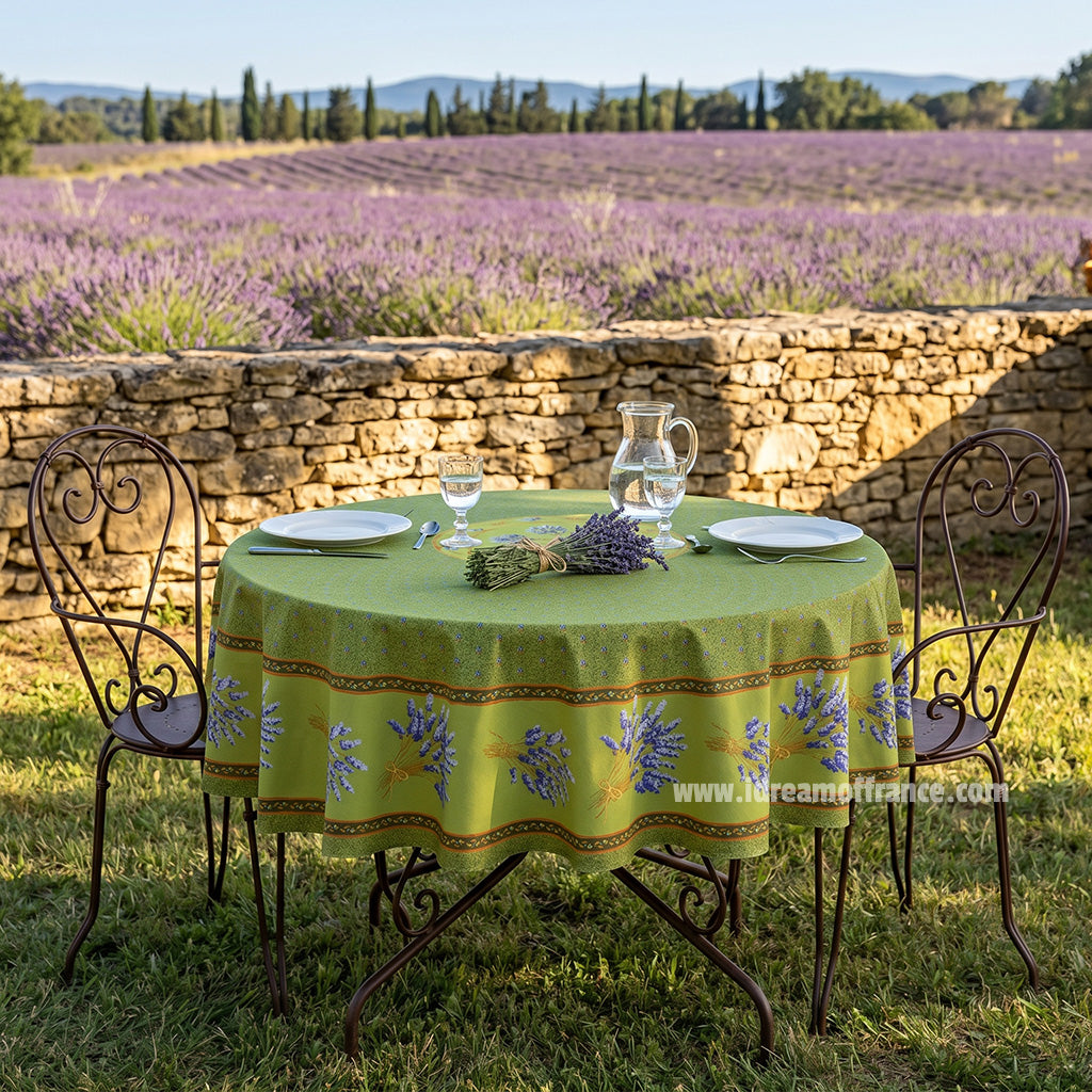 70" Round Lavender Green Acrylic-Coated Cotton Provence Tablecloths by Le Cluny