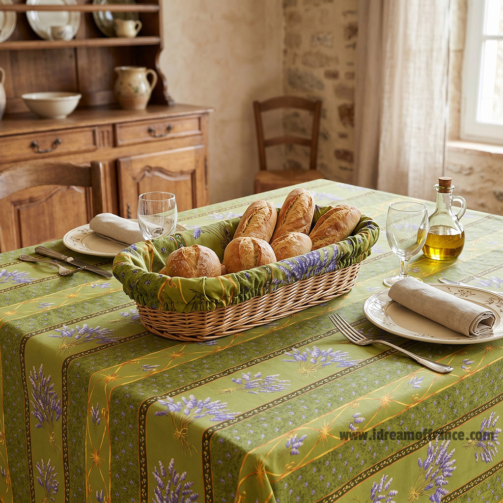 60x96" Rectangular Lavender Green Acrylic-Coated Cotton Provence Tablecloth by Le Cluny